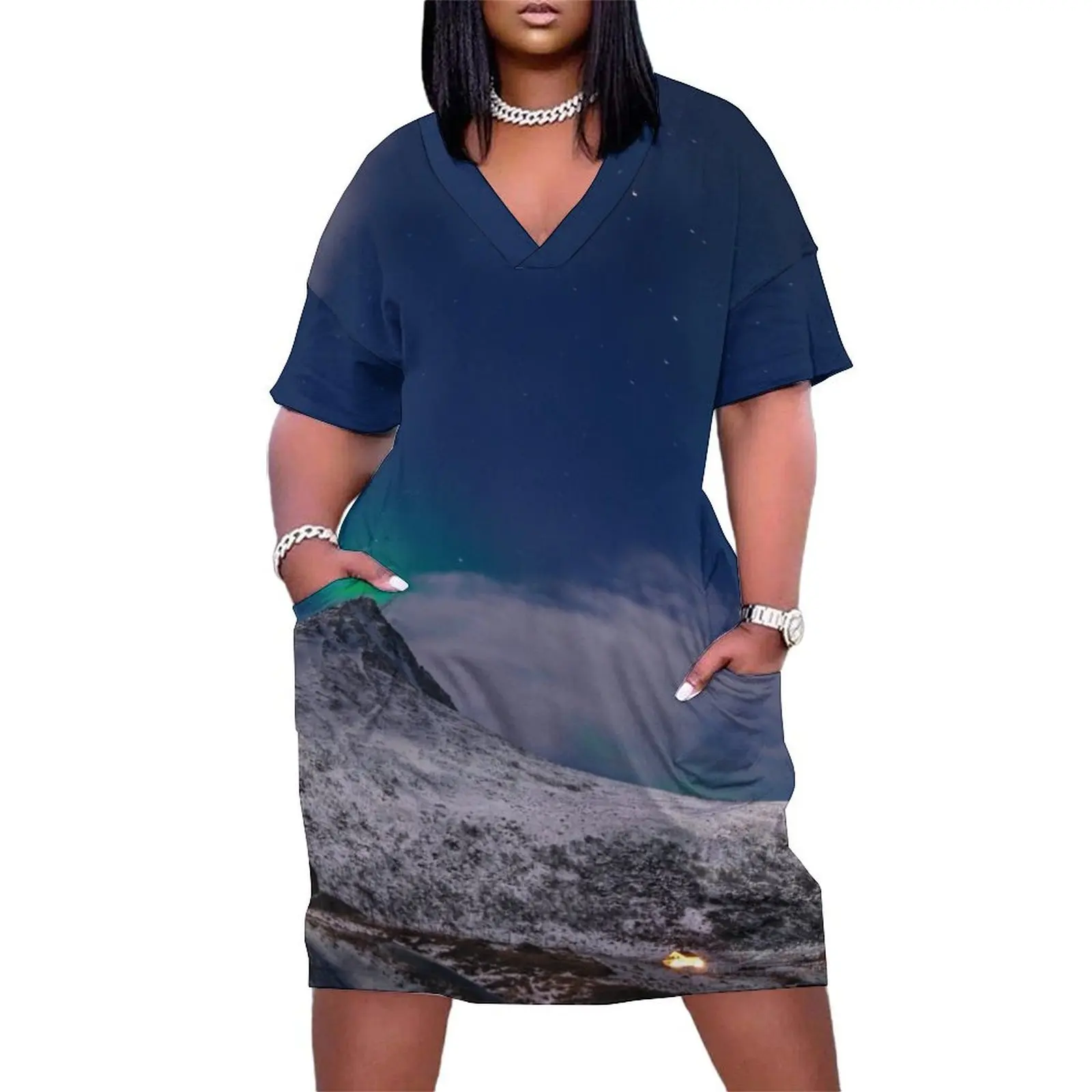 

northern lights mixed with the stars Loose Pocket Dress Summer women's clothing summer woman dress 2025