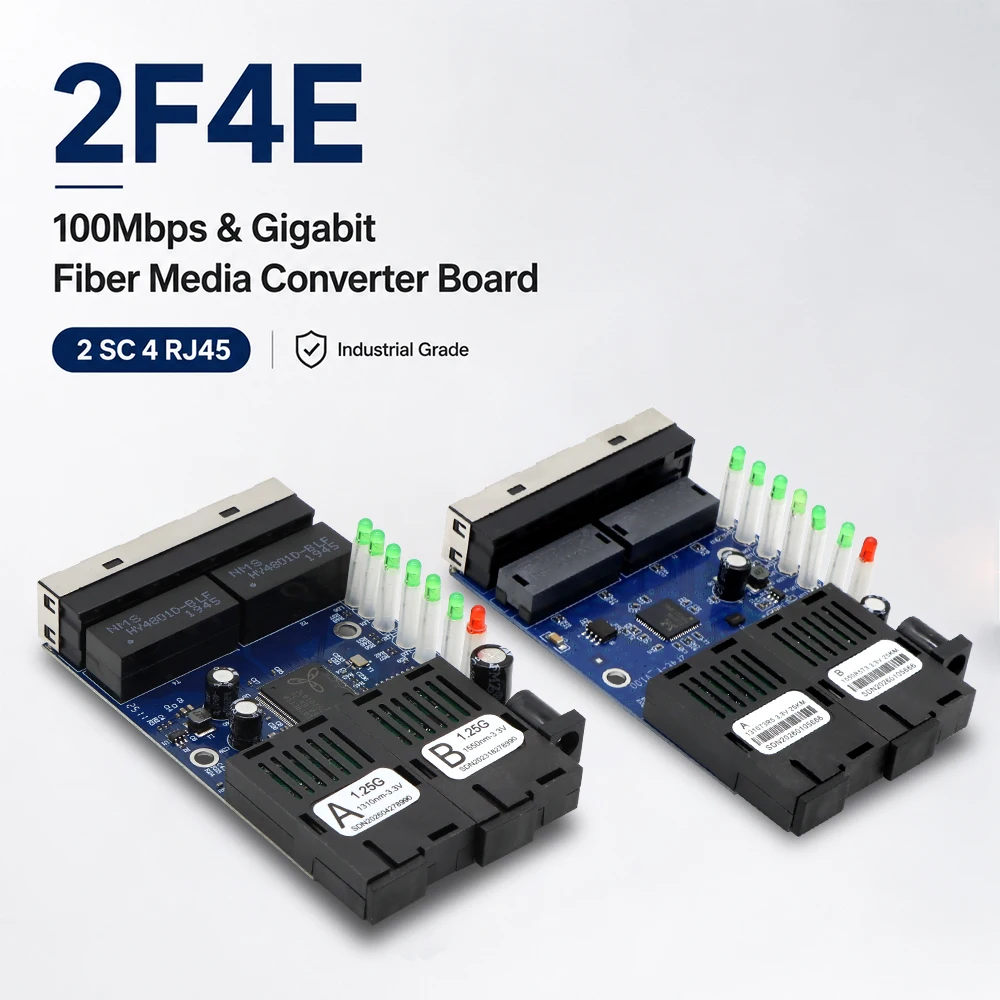 BYXGD Fiber Media Converter PCB Module 2 Fiber 4 RJ45 10/100M Gigabit Adaptive Board CCTV Network Engineer Single Mode Fiber