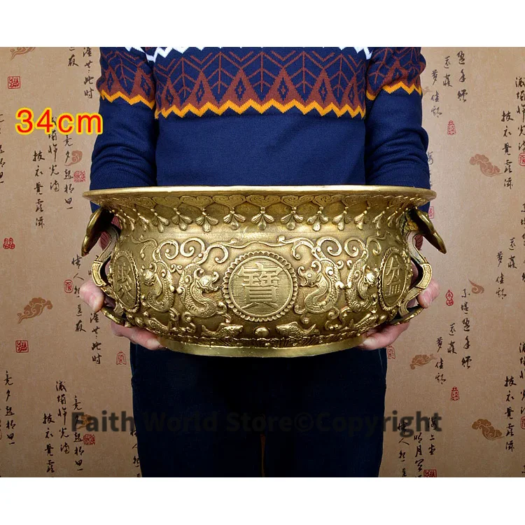 34 CM LARGE # OFFICE HOME business company efficacious Protection Talisman Money Drawing GOLD Treasure bowl Brass statue