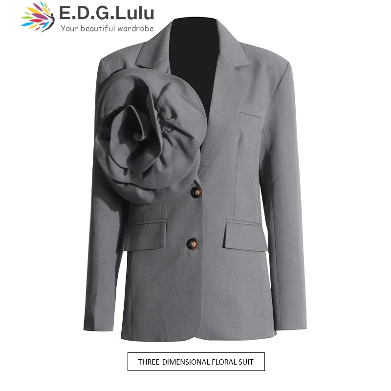 

EDGLuLu 2024 New 3d Flower Loose Designer Blazer For Women's Coat Spring Autumn Fashion Grey Suit Jacket Female 0817