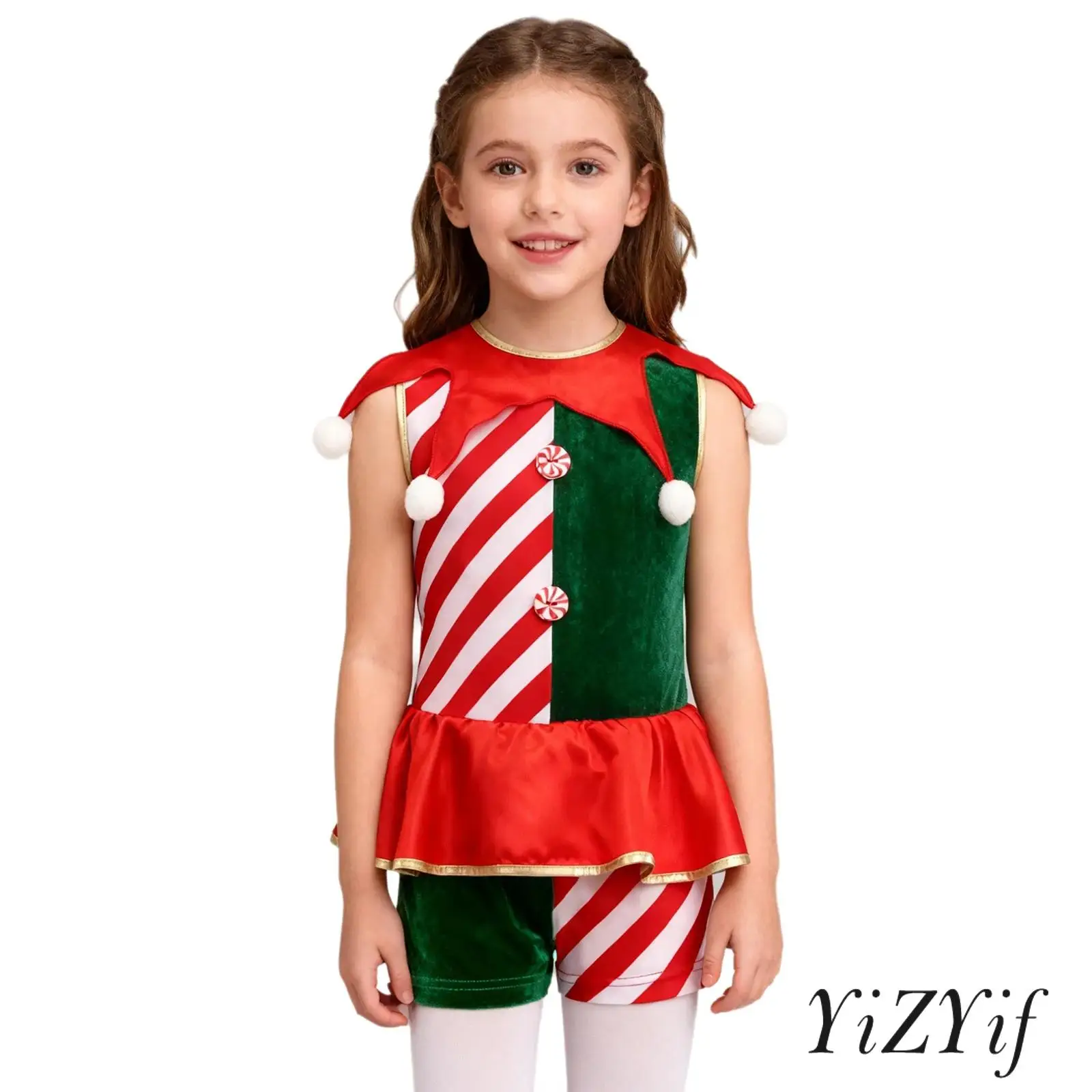 

Kids Boys Girls Christmas Elf Costumes Sleeveless Pompoms Stripe Back Invisible Zipper Waist Ruffled Overlay Cosplay Jumpsuit