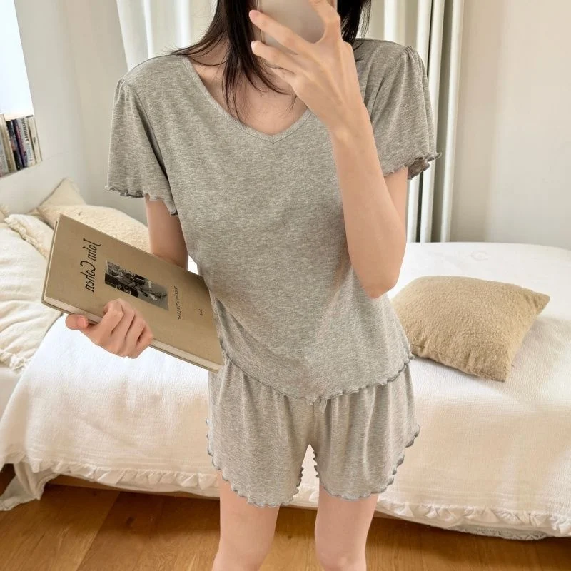 

2026 Summer New Modal Sleepwear with Chest Pad Sexy Back Hollow out Lace Pure Desire Home Clothes Short Sleeve V-Neck Home Cl...