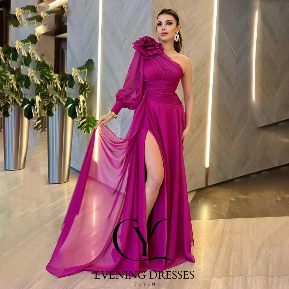 CUYUN One Shoulder Long Sleeves Evening Dresses Women Handmade Flowers High Slit Prom Gown Customized Party Dresses 2025