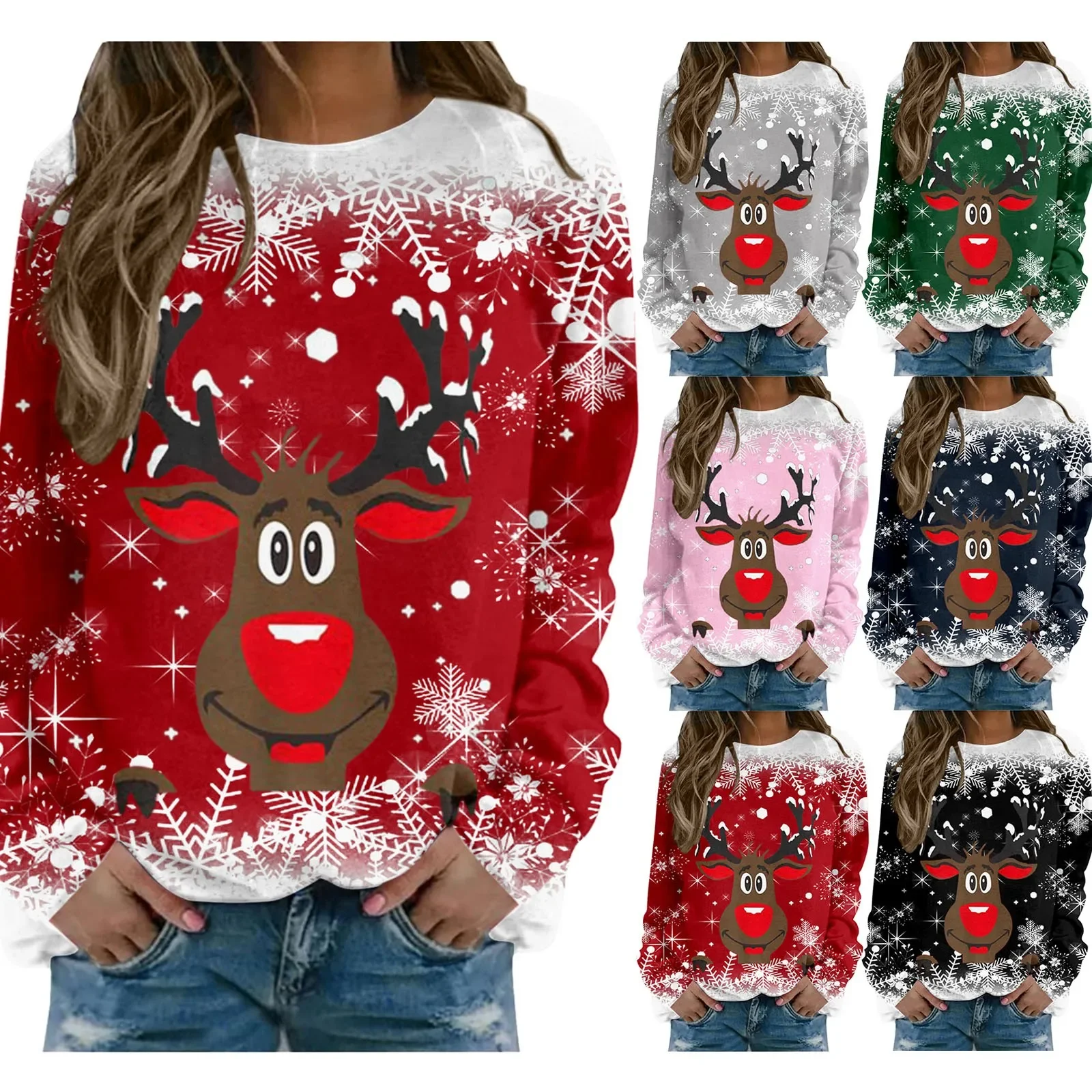 Christmas Cute Cartoon Elk Snowflake Print Pullovers Sweater Women Long Sleeve Crew Neck Patchwork Sweatshirts Autumn T-Shirts