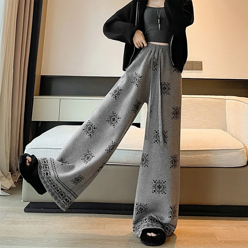 

Винтажные белые вязаные брюки с цветочным принтом для женщин, весна-осень, с высокой талией, на завязках, с оборками, широкие штанины, повседневные, в уличном стиле, модные брюки