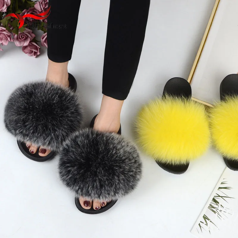 Women Summer New Real Fox Fur Slippers Indoor And Outdoor Fashion Furry Flat  Slides Raccoon Fur Beach Fashion Furry  Shoes