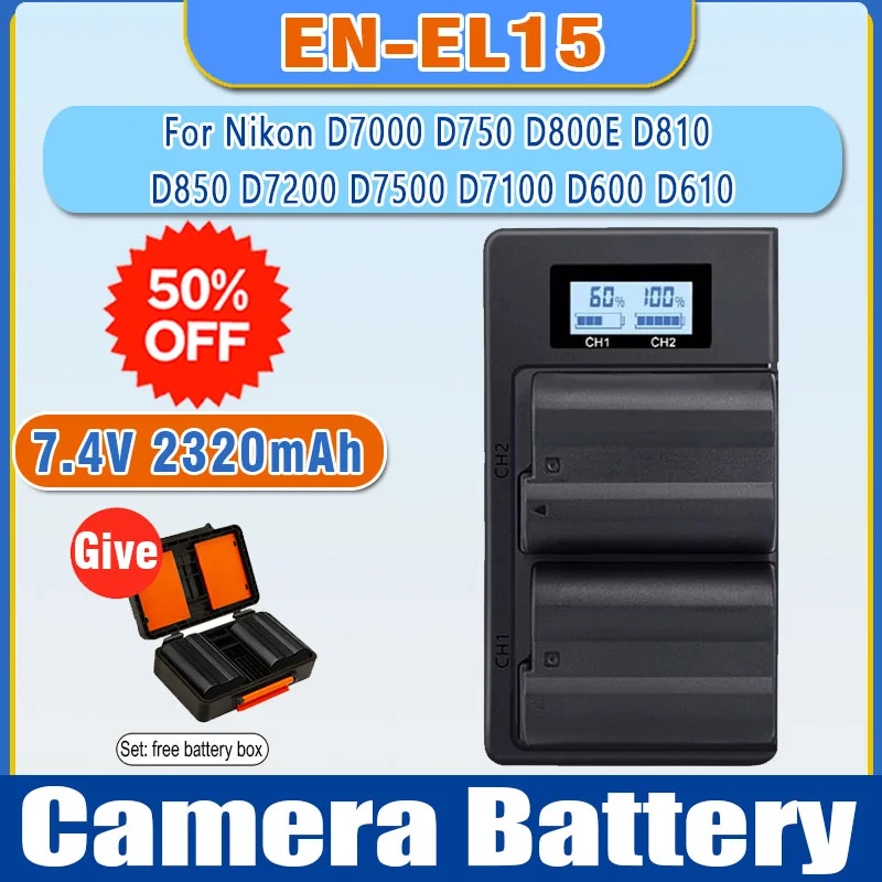 High-Quality 2500mAh 7.4V EN-EL15 DSLR Camera Battery for Nikon D7000 D750 D800E D810 D850 D7200 D7500 D7100 D600 D610
