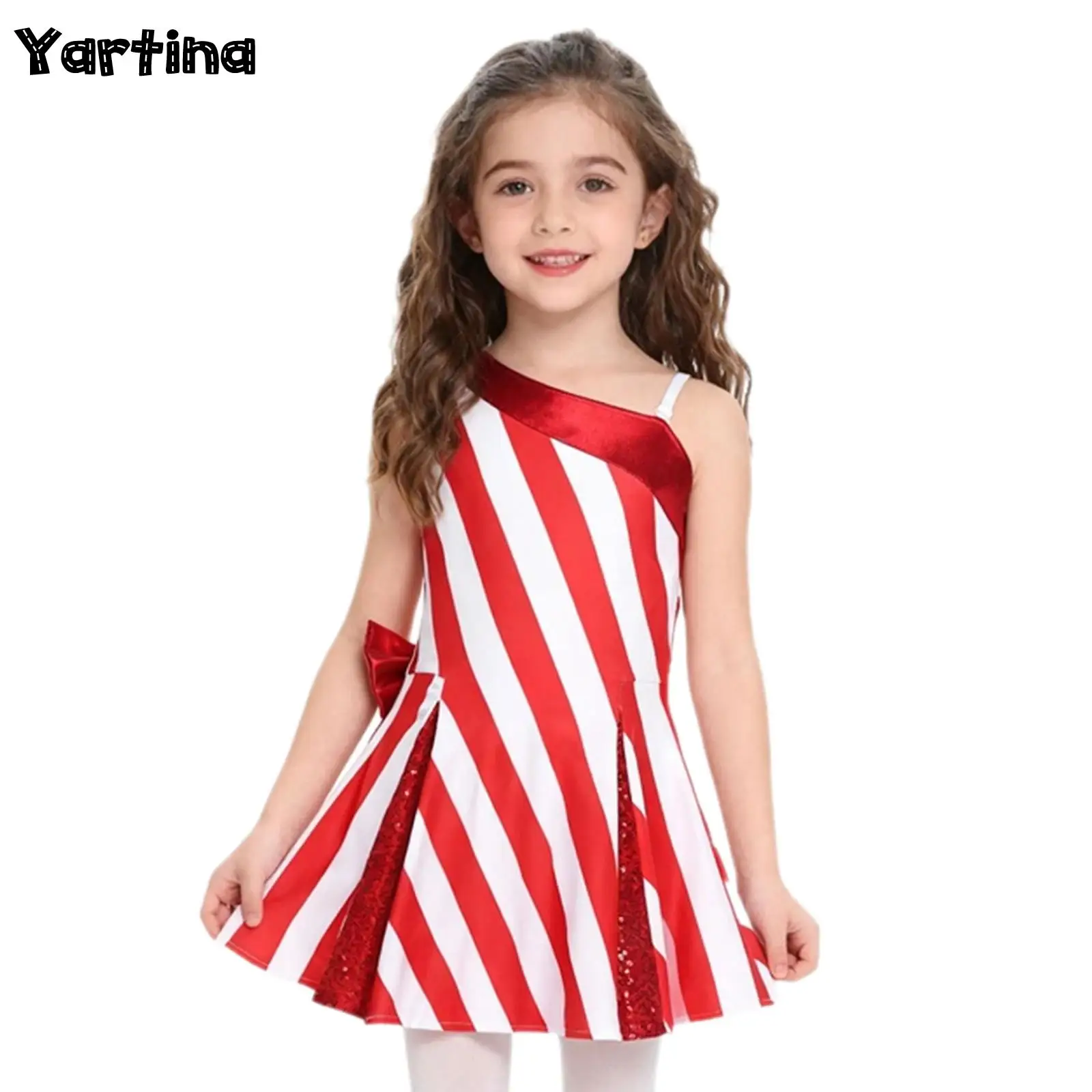 

Girls Christmas Xmas Candy Cane Santa Claus Cosplay Party Costume Metallic Bow Sequins Ballet Tutu New Year Striped Flared Dress