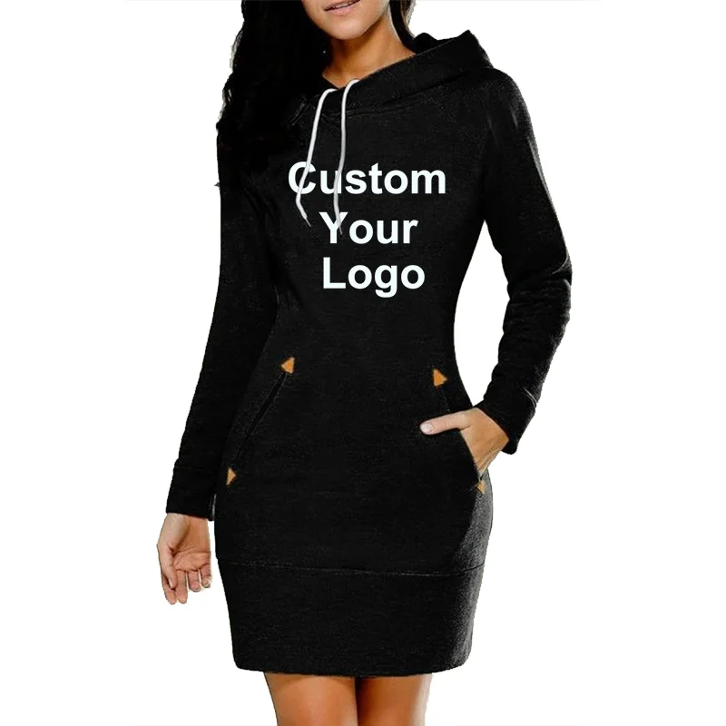 Women Custom Your Logo Hoodie Dresses Casual Long Sleeved Sweater Dress Casual Fashion Pullovers Sweatshirt