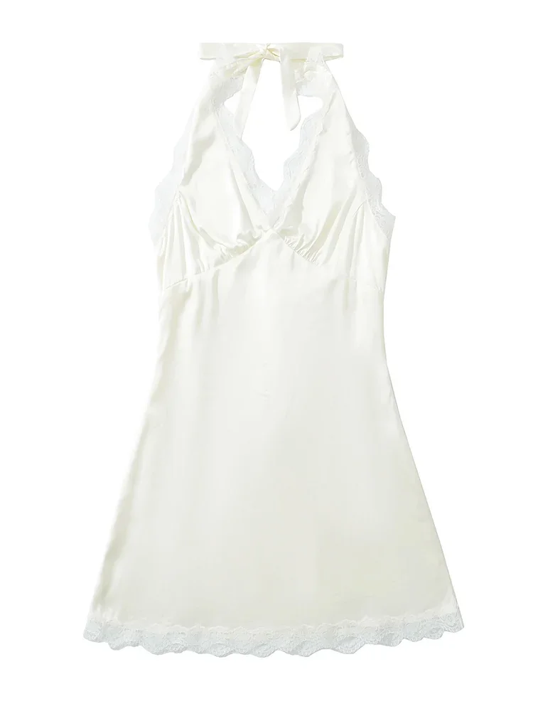 Sem costas sexy vestido de cetim feminino halter amarrar rendas vestido de verão novo na praia festa curto vestido de verão primavera bolinhas vestidos 2025