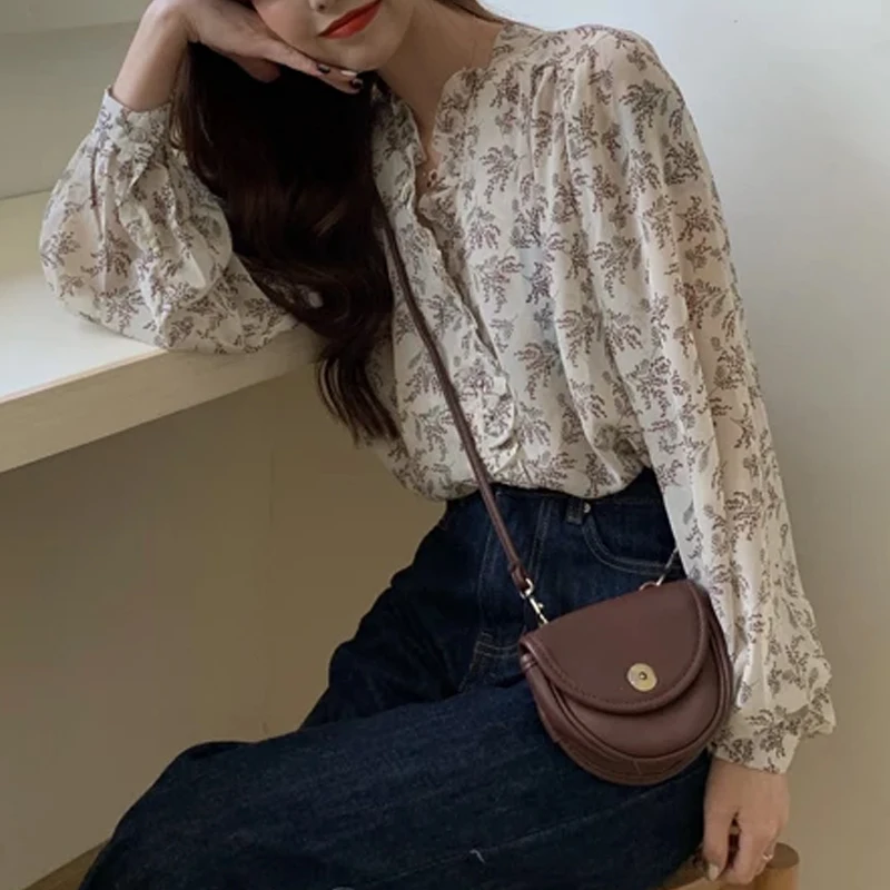 Sweet Button Printed Floral Women Shirt Casual Slim Chiffon Blouse Korean Style Puff Long Sleeve Office Lady Tops Blusas 10314