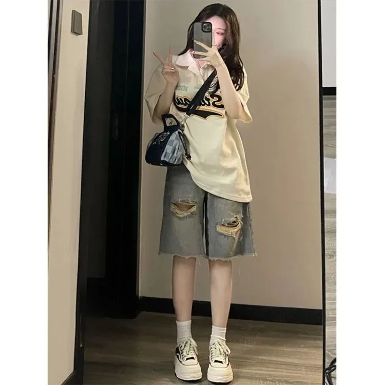 American Street Hole Five-point Pants Women Y2k High Waist Straight Denim Shorts 2024 New Loose All-match Wide Leg Jeans