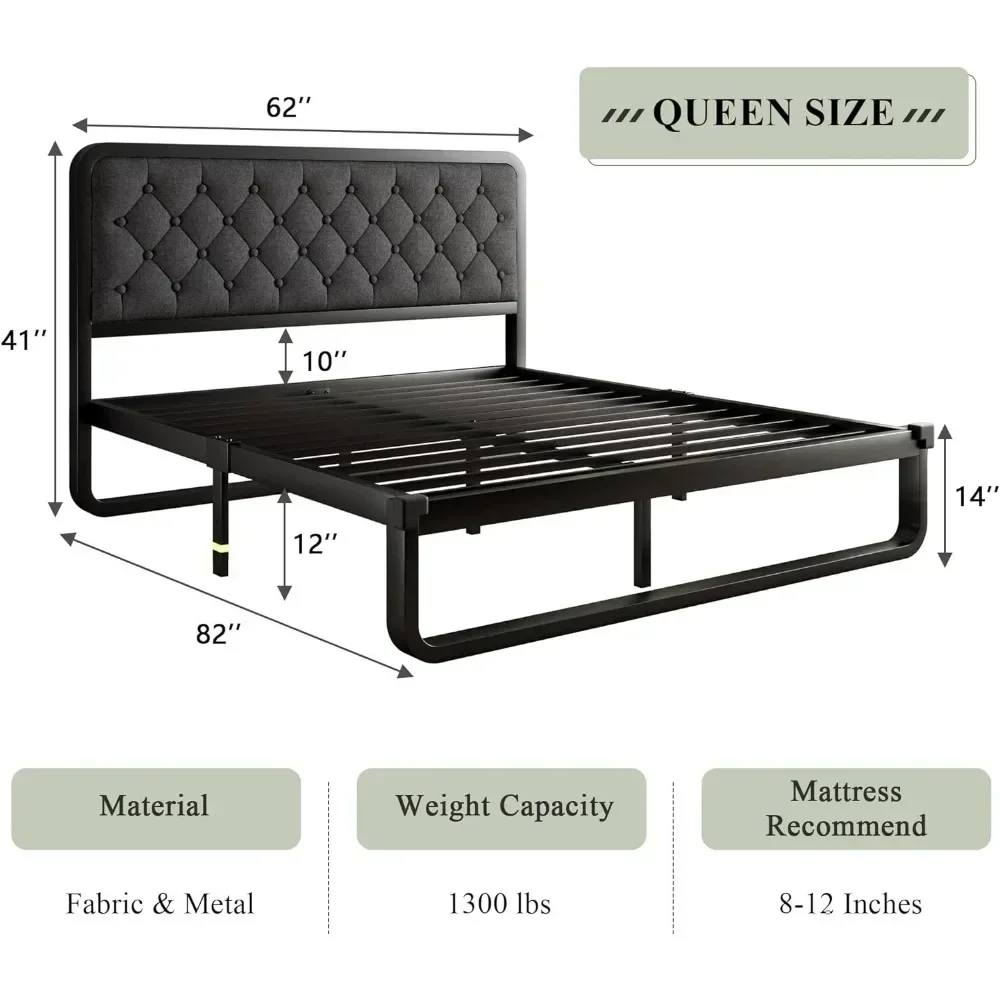 Bed Frame, Upholstered Platform Bed Frame with Heavy-Duty Metal Steel Slats, Diamond Linen Headboard, 12