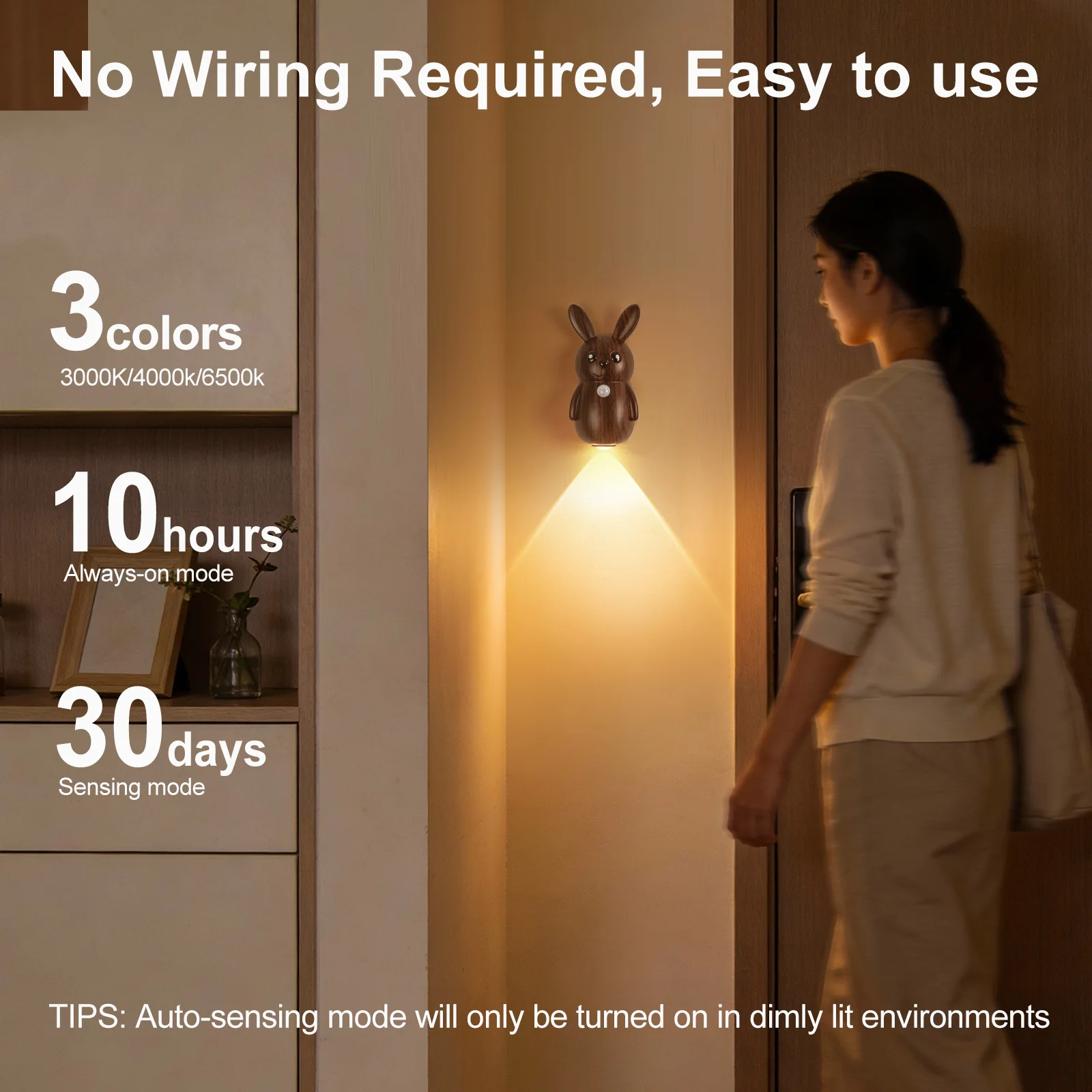 LED three-color changing light rabbit wall lamp, charging version, no wiring, no drilling, human body sensing wall lamp