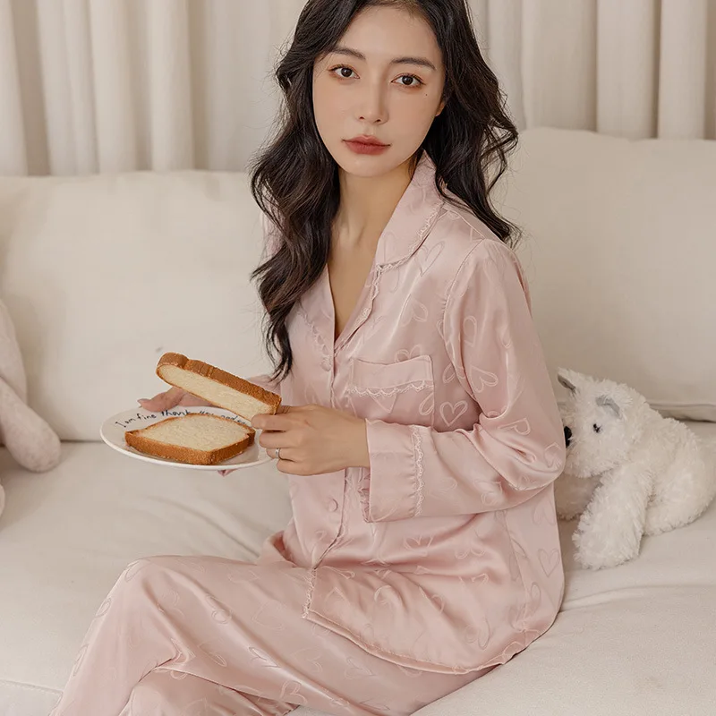 Silk Pajama Woman Pyjama-Sets Suit For Home 2024 Autumn Long Sleeve Trousers Nightie Pajama Lady Sleepwear Nighty Set