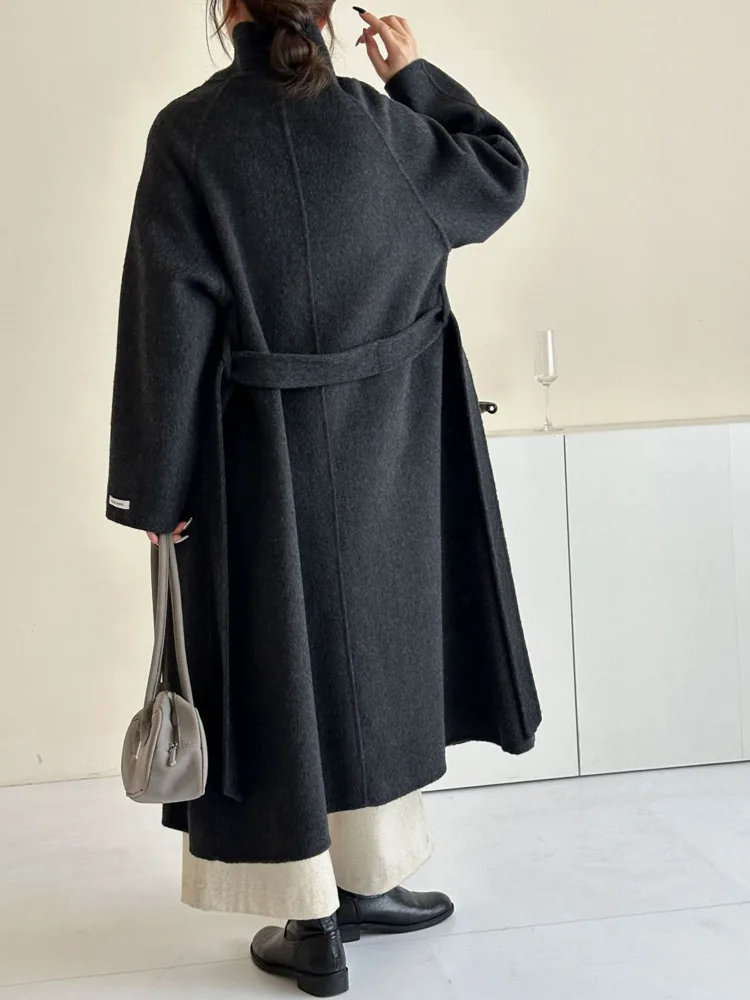 ZMEENNA femmes col montant laine mélange Maxi manteau simple boutonnage à manches longues chaud vêtements de sortie d'hiver coupe ample élégant ZM3355