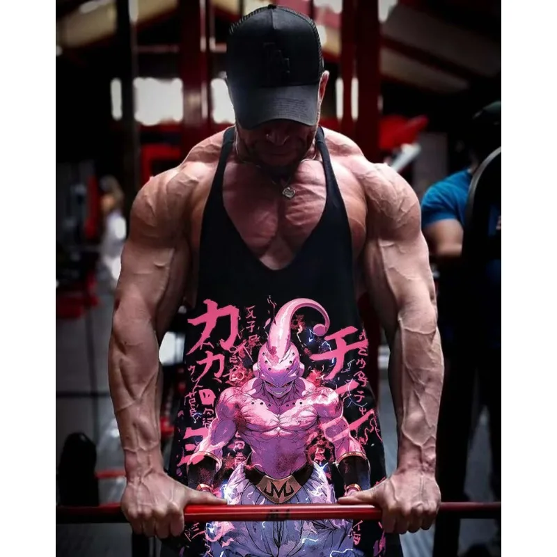 ドラゴンボールメンズタンクトップ日本アニメ魔人ブウプリント夏男性服綿通気性スポーツウェアバスケットボールジャージ