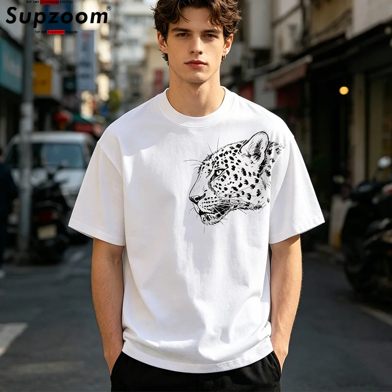 Supzoom 2026 New Arrival Top Fashion Knitted Cotton Casual Leopard Print T Shirt Tshirt Homme Hip Hop Short Sleeve O-neck