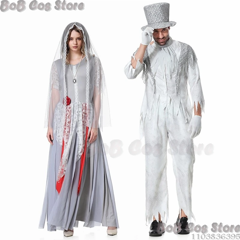 Corpse Ghost Bride and Groom Costume Cosplay Scary Zombie Masquerade Halloween Fancy Couple Wedding Suit Carnival Party Dress Up