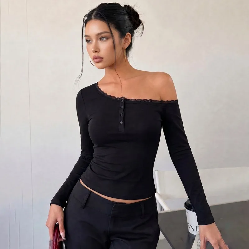 Gtpdpllt Women's One Shoulder Crop Top Long Sleeve Button Front Lace Trim Tops Slim Fit Casual Daily Thumb Hole Autumn