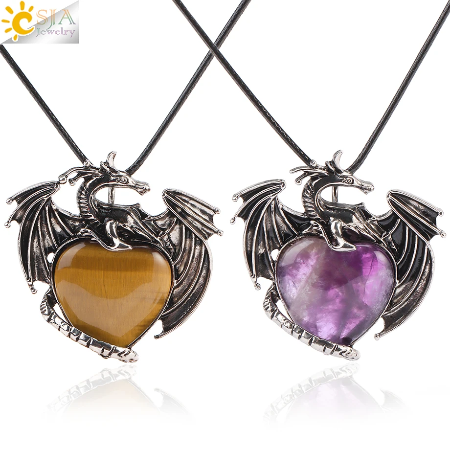 CSJA Vintage Dragon Man Necklace Natural Stone Tiger Eye  Heart Crystal Shape Pendant Amulet Necklaces for Woment Jewelry H237