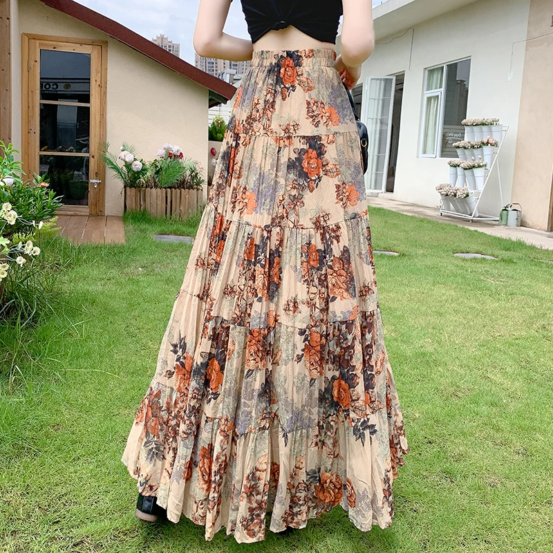 Retro Womens Casual High Waist Tiered Floral Print Long Maxi Skirt Elastic Waist Loose A-Line Big Hem Folar Skirts Pleated Skirt