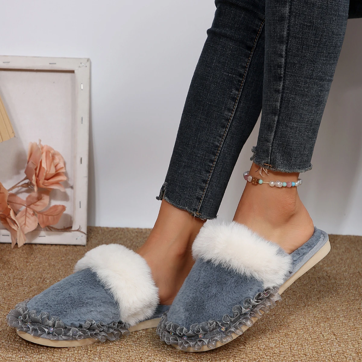 Zapatillas de casa cálidas de invierno para niña y mujer, zapatos de algodón suaves y esponjosos para el hogar