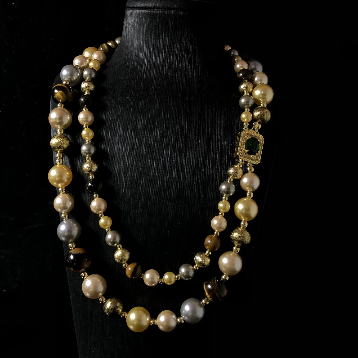 CAL French Antique Jewelry with Tiger-eye Stone and Pearl Beads in a Gradient