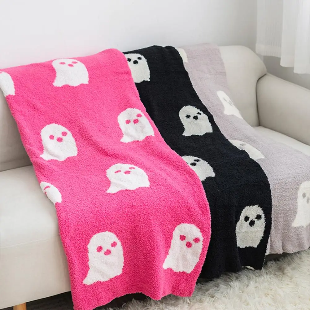 Ghost Blanket Cozy Halloween Ghost Jacquard Knitted Flannel Blanket for Dorm Sofa Bed Ultimate Relaxation Double-sided for Use