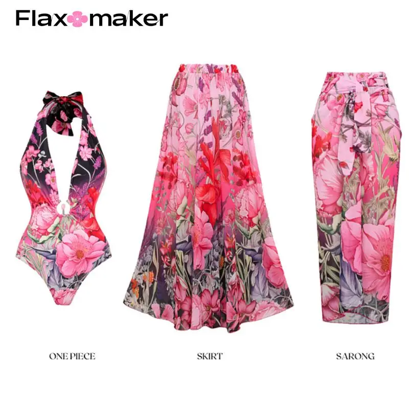 FLAXMAKER 2024 V Neck kwiatowy Print jednoczęściowy strój kąpielowy i spódnica stroje kąpielowe wakacje kostiumy kąpielowe strój kąpielowy body sukienka