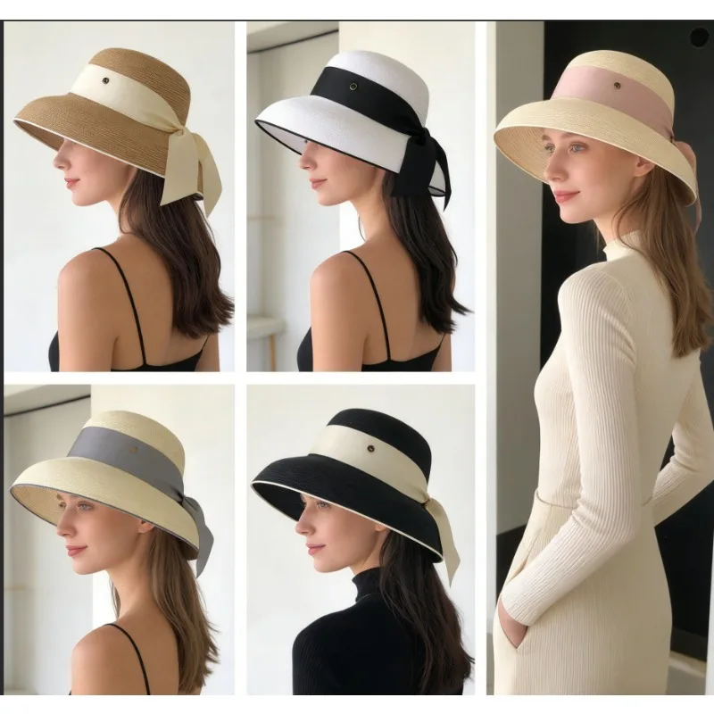 Retro Französischer Hepburn-Stil Vielseitiger Modischer Koreanischer Sonnenschutzhut, Seidenband Strohhut
