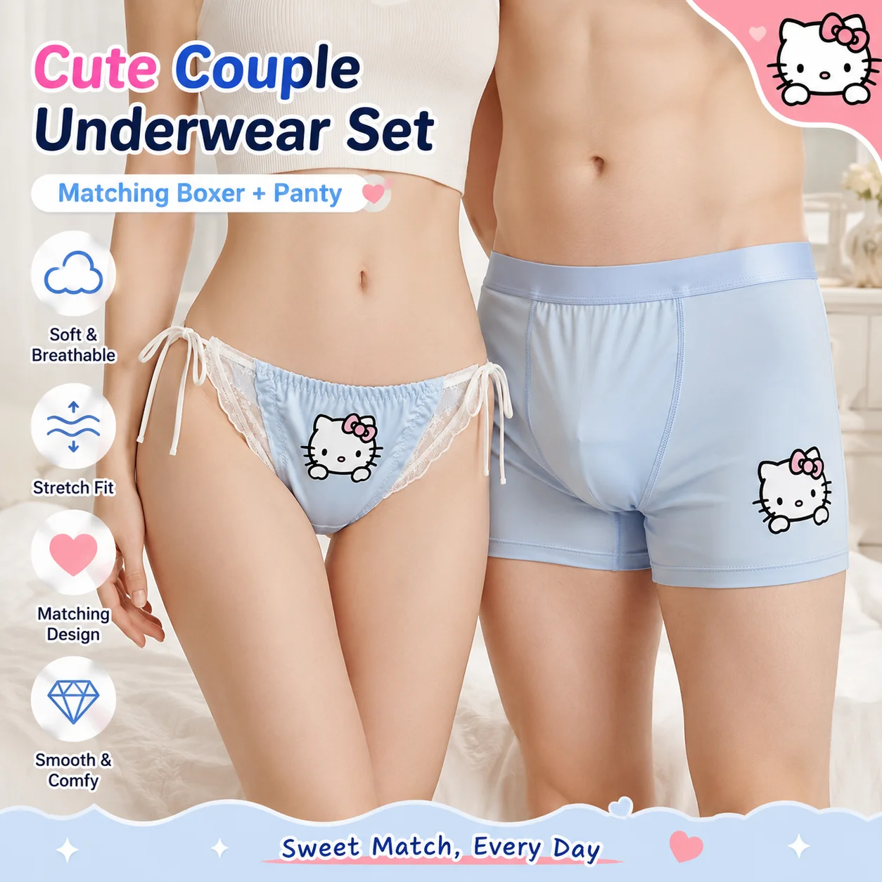 Sanrio Hello Kitty Eisseide Paar-Unterwäsche Niedliches Blaues Set Herren Boxershorts Damen Spitzen-Höschen Glatt