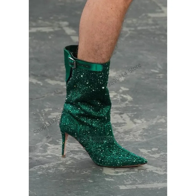 

Green Rhinestone Buckle Decor Pointed Toe Boots Buckle Strap Women Shoes Thin High Heels Party Runway 2024 Zapatos Para Mujere