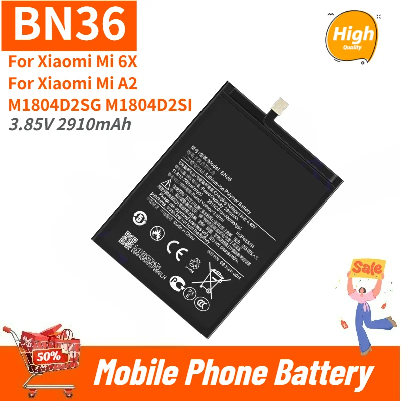 

High Quality BN36 Phone Battery 3.85V 2910mAh For Xiaomi Mi 6X Xiaomi Mi A2 M1804D2SG M1804D2SI Brand New Replacement Battery