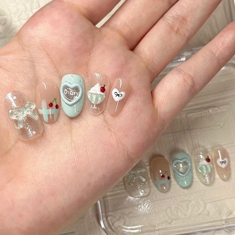 

10pcs Handmade Press on Nails Cream Cherry Bow Ice Cream Full Coverage Nail Tips Detachable Wearable Nail for Women&Girls