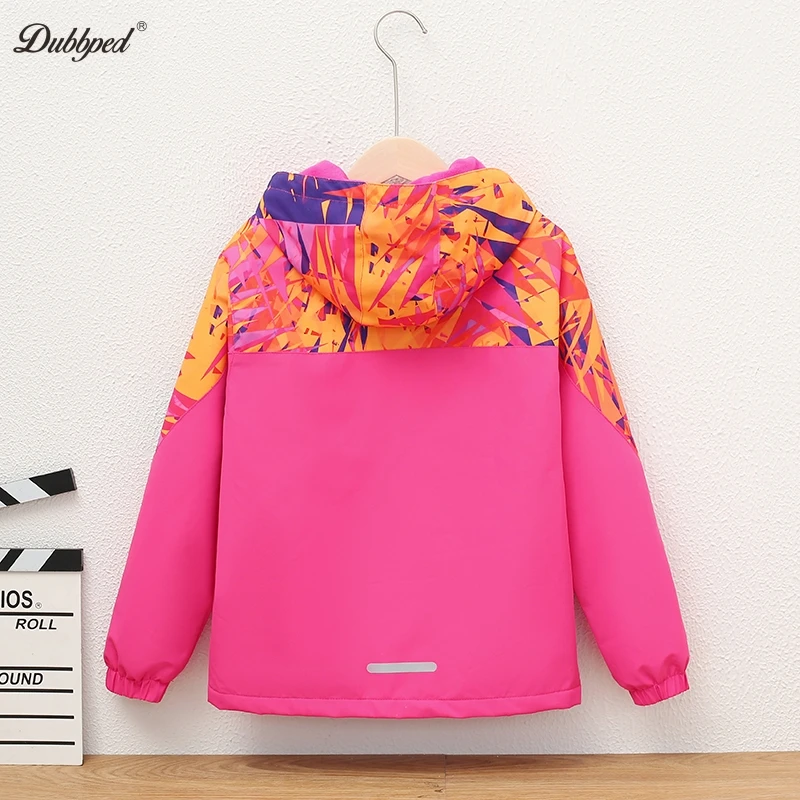 Dubbped 2023 New Fashion Kids Jackets Girls Spring Autumn Reflective Stripe Coats Waterproof Windproof Windbreaker Fleece Line