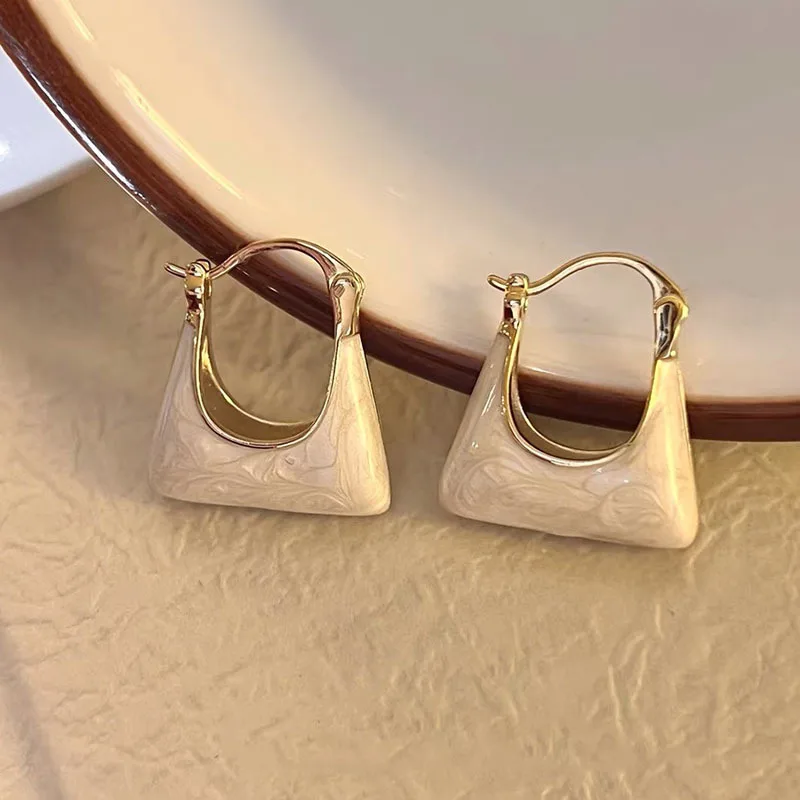 2024 New Korean White Drop Glaze Bag Earrings Women's Small Fashion Elegant Metal Earrings