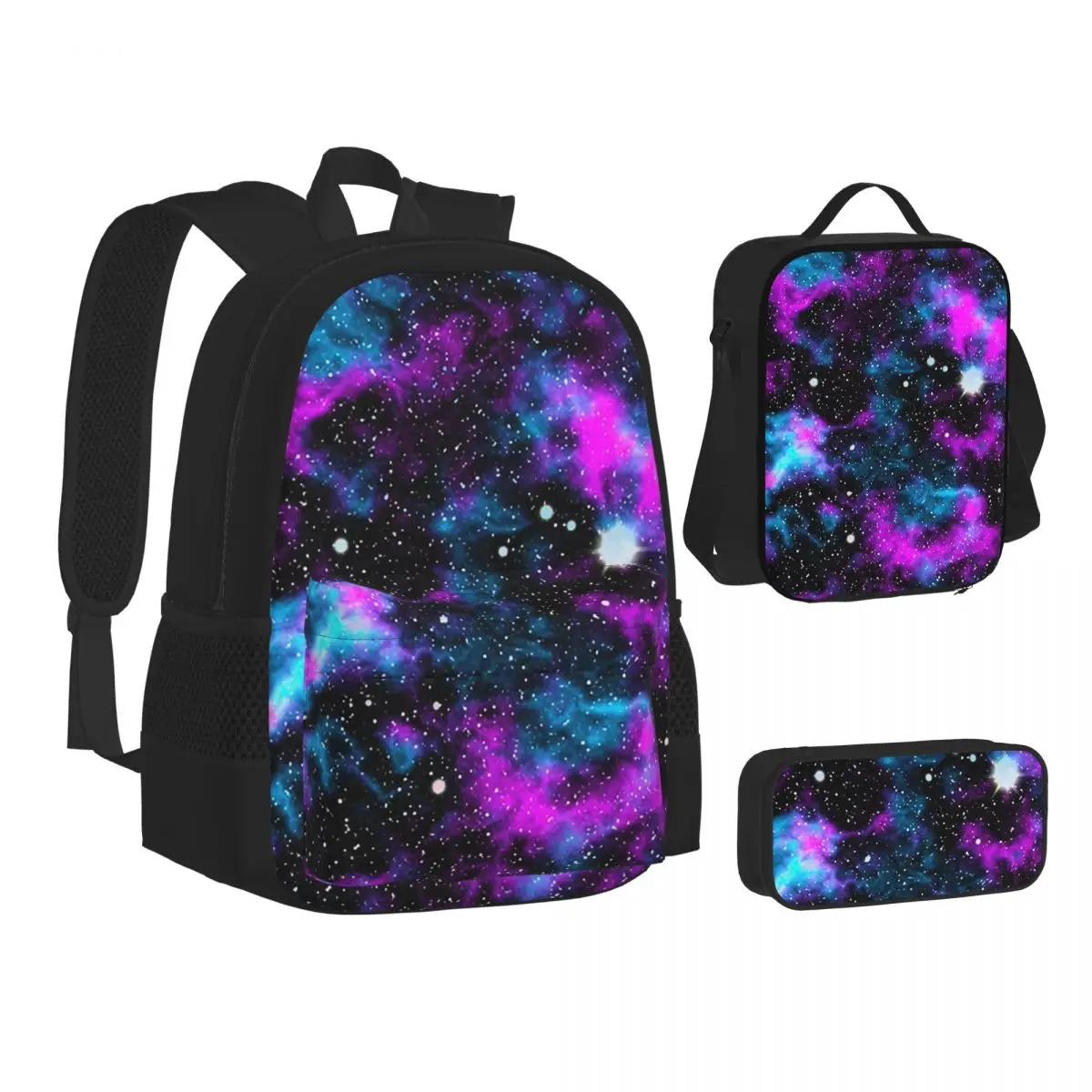 Purple And Blue Galaxy Backpacks Boys Girls Bookbag School Bags Kids Rucksack Lunch Bag Pen Bag Three-Piece Set