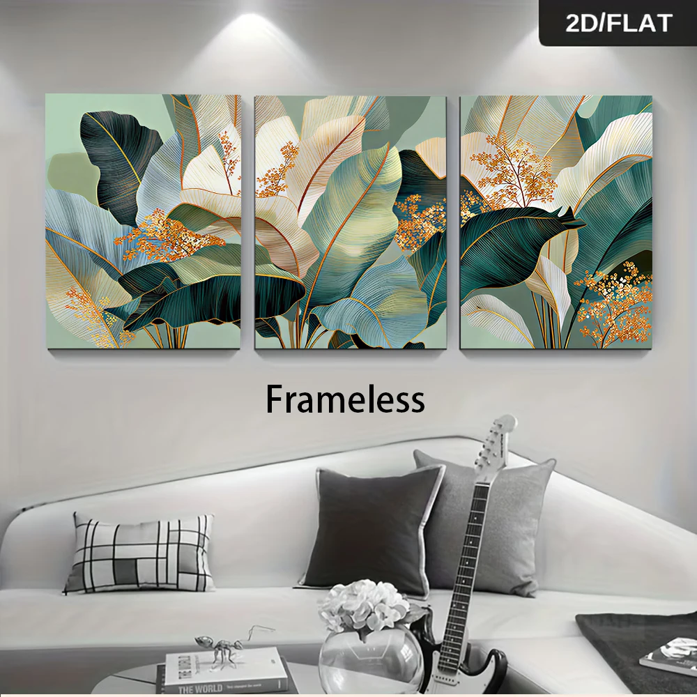 1 set of triptych living room sofa background wall frameless decoration painting, green plant leaf art painting, 2D plan
