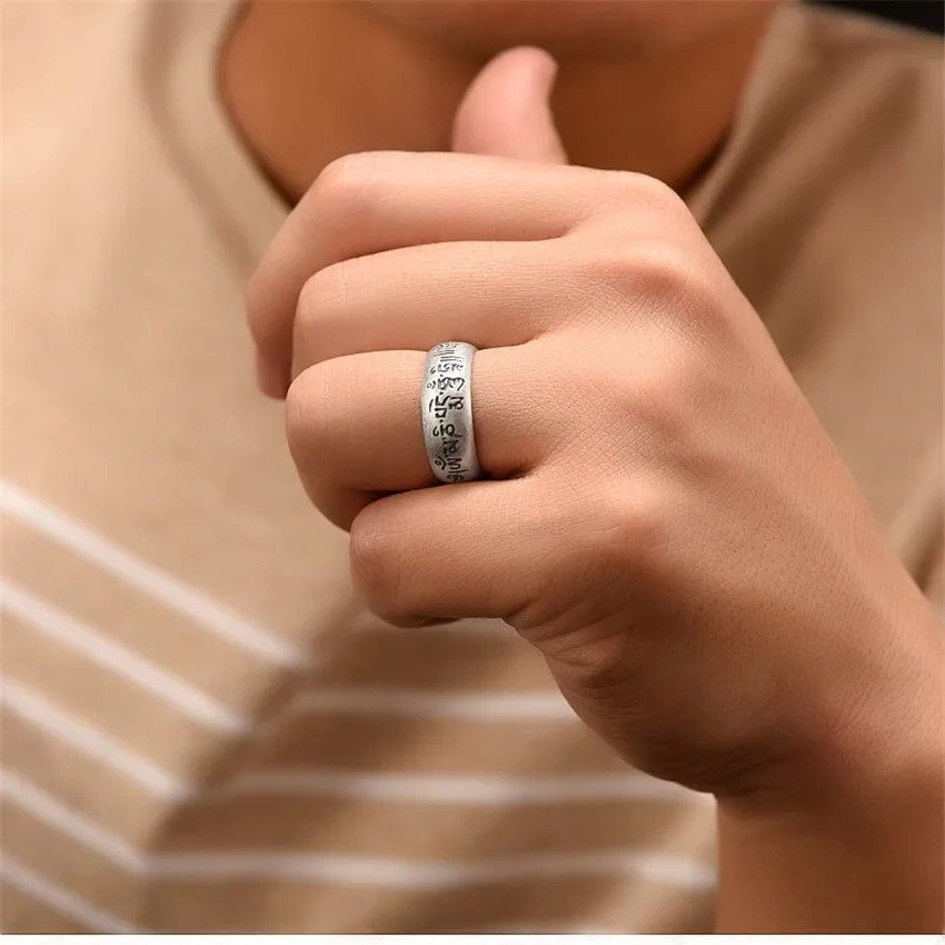 Retro Ancient Silver Plated Buddhist Six Character DAMING Mantra Tibetan Resizable Ring for Men Feng Shui Amulet Protection Ring