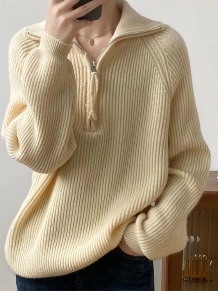 Autumn Winter Korean Women\'s Sweater Loose Zippers Turtleneck Sweaters Warm Solid Pullover Knitwear Basic Female Tops