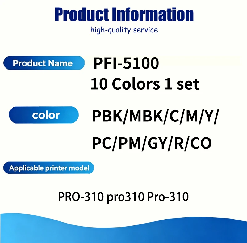 10 Colors 1 set PFI-5100 PFI5100 Pigment Ink Cartridge with High Quaility Compatible For Canon PRO-310 pro310 Pro-310 Printers
