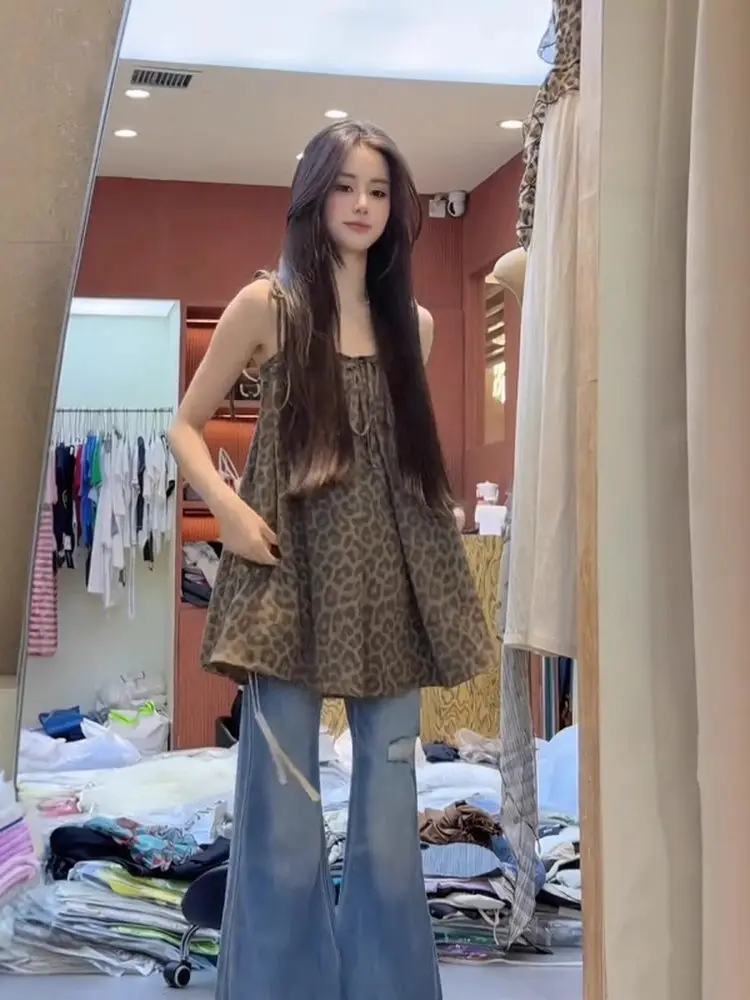 

Summer Large Size Leopard Print Crop Top Flared Jeans Retro Sle Korean Hot Girl Outfit Women's Faion Set Two-Piece Ensemble