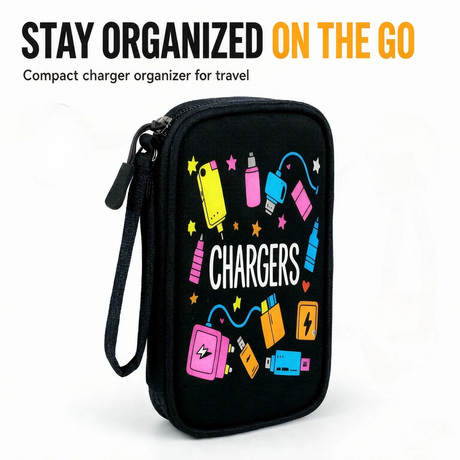 Colorful Chargers Pattern Soft Shell Electronic Organizer, Travel Storage Bag for Cables, Earbuds & Small Gadgets Organizer