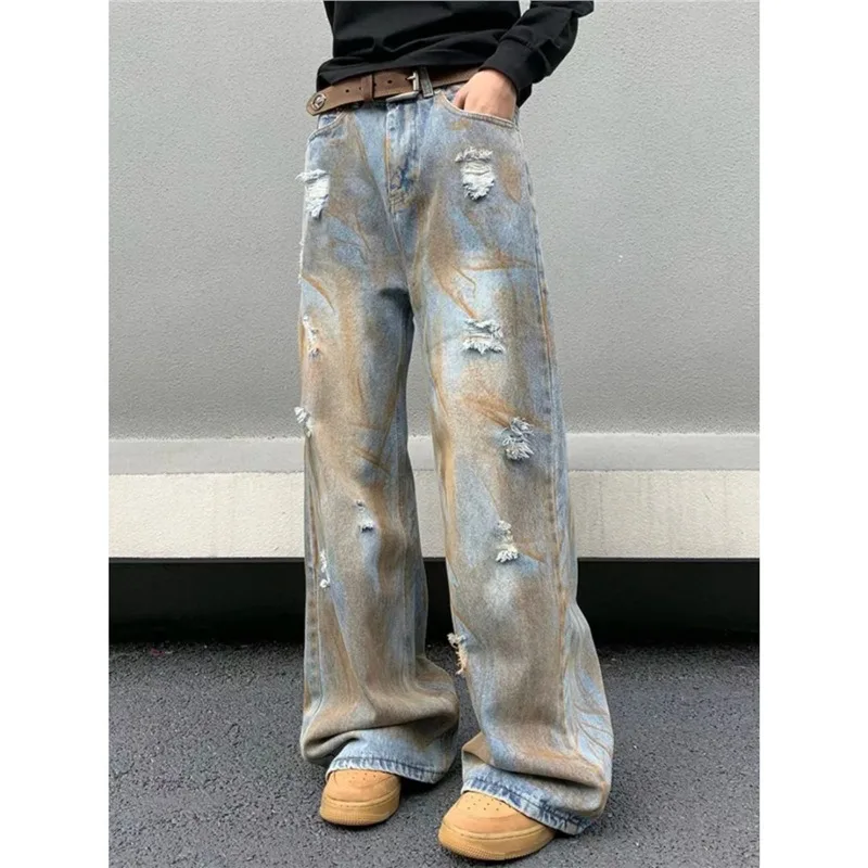 American Retro High Street Wasteland Ripped Jeans for Men 2026 New Men's Baggy Straight Leg Denim Pants Y2k Streetwear