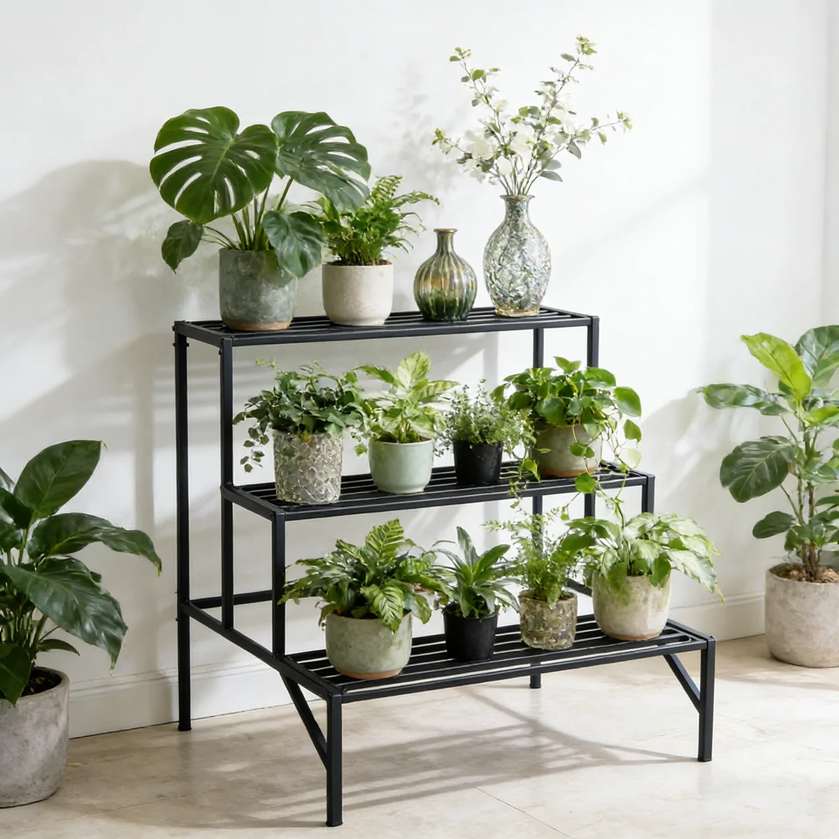 3-Tier Metal Plant Stand, Black Tiered Ladder Shelf for Indoor Plants & Garden Decor