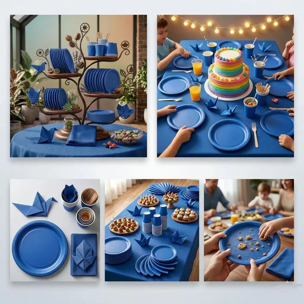 Blaues Papiergeschirr, Geburtstagsteller, Pappbecher, Tischdecken, Kinderveranstaltungen, Familienessen, Feiertagsdekorationen