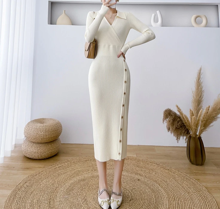 V-Neck Long Sleeves Solid Color Tight Knit Dress for Women Side Button Dress Full Length for Sexy and Elegant Women