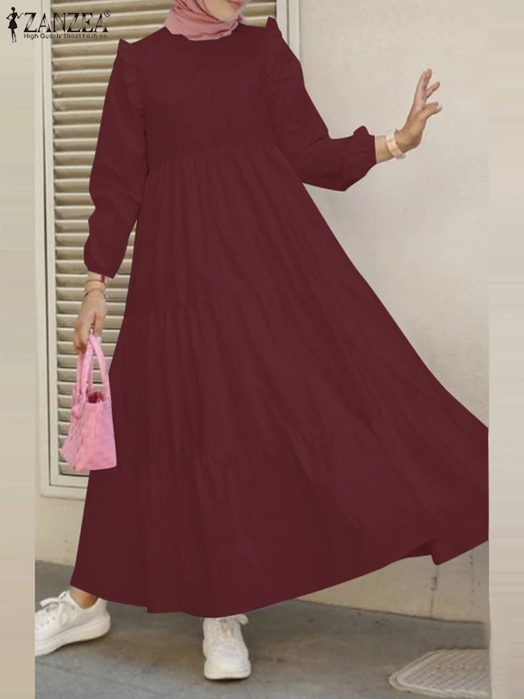 Autumn Muslim Dress 2024 ZANZEA Fashion Long Sleeve Flounce Hem Sundress Women Elegant Solid Loose Abaya Ramadan Turkey Vestido