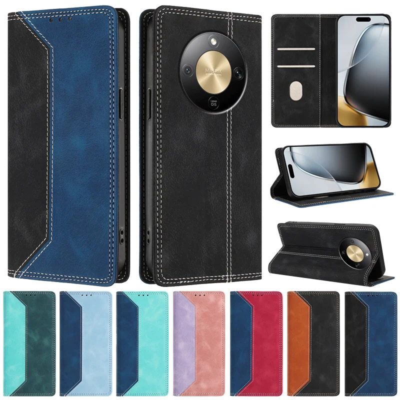 Image of Für Honor Magic8 Lite Hülle Magnetische Flip-Hülle für Funda Honor Magic 8 Lite MTN-NX1M Handyhülle Modische Farbblock-Lederhülle